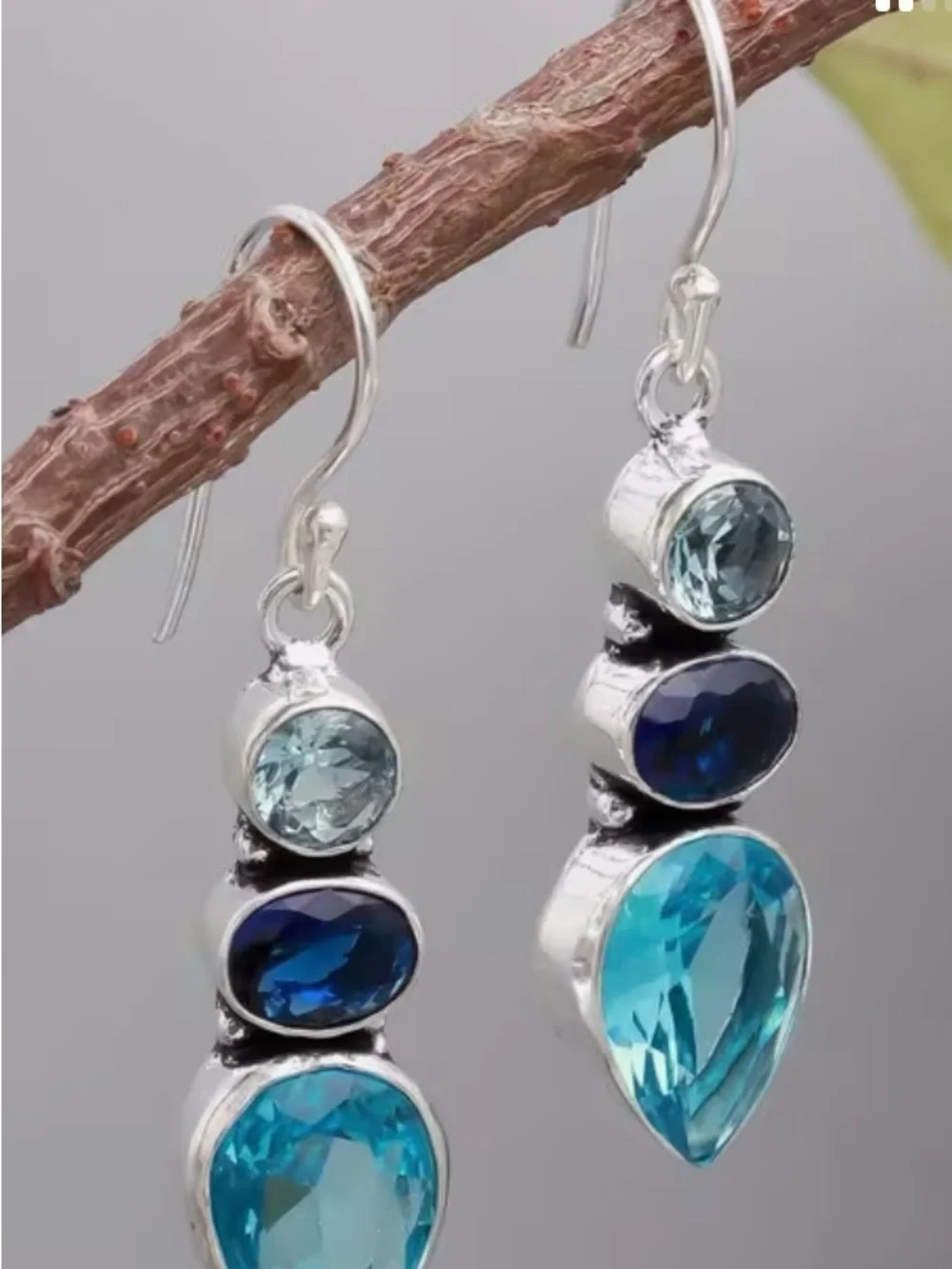 Silver Drop Earrings Blue and Teal Stones Boho style for day or evening NWOT - Picture 5 of 5